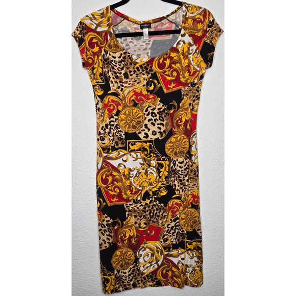 Vintage Cosabella Womens Dress Small Black Gold Baroque Leopard Lounge Italy 90s - Picture 1 of 5